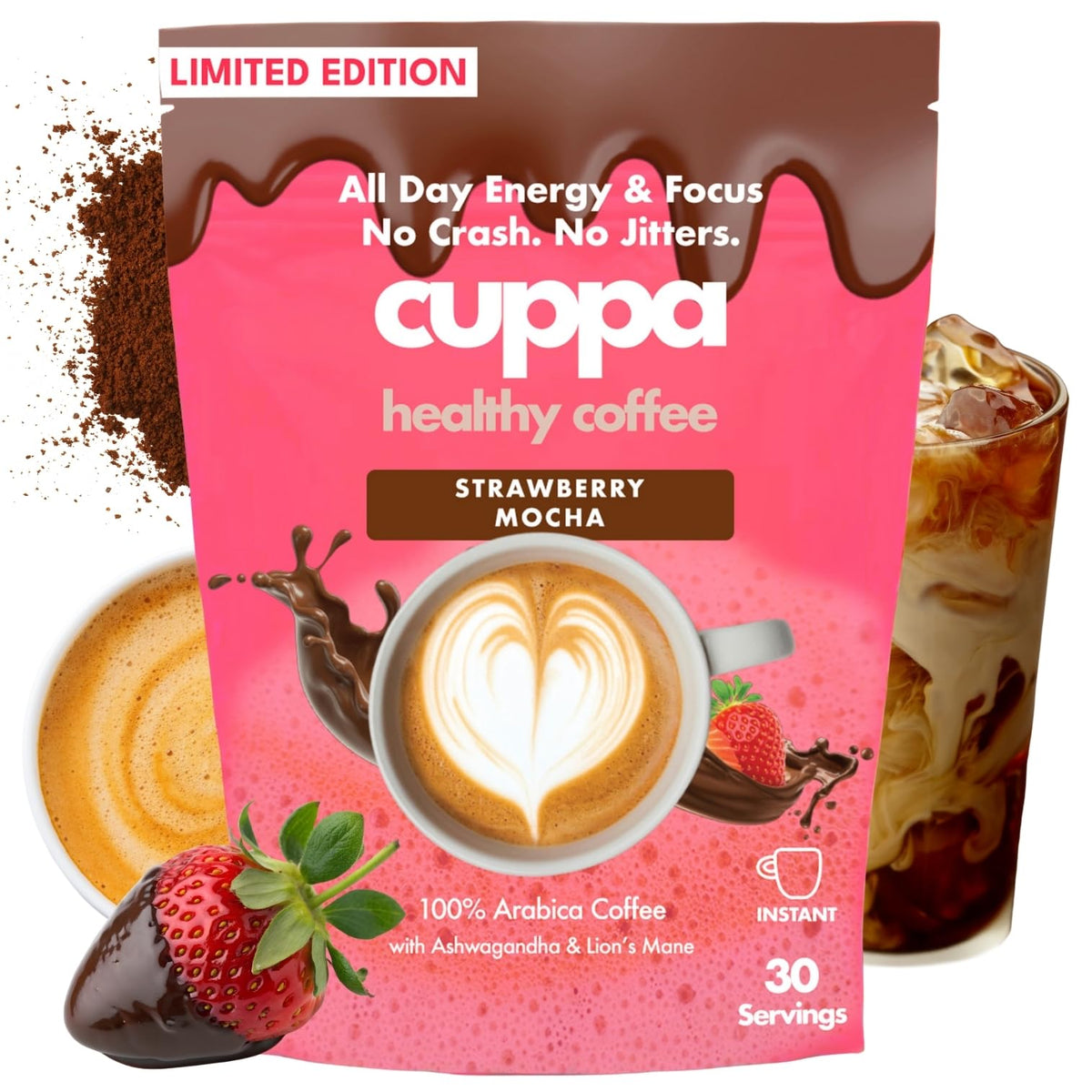 Cuppa Healthy Coffee: Strawberry Mocha Mushroom Coffee with Adaptogens & MCT (30 Servings)