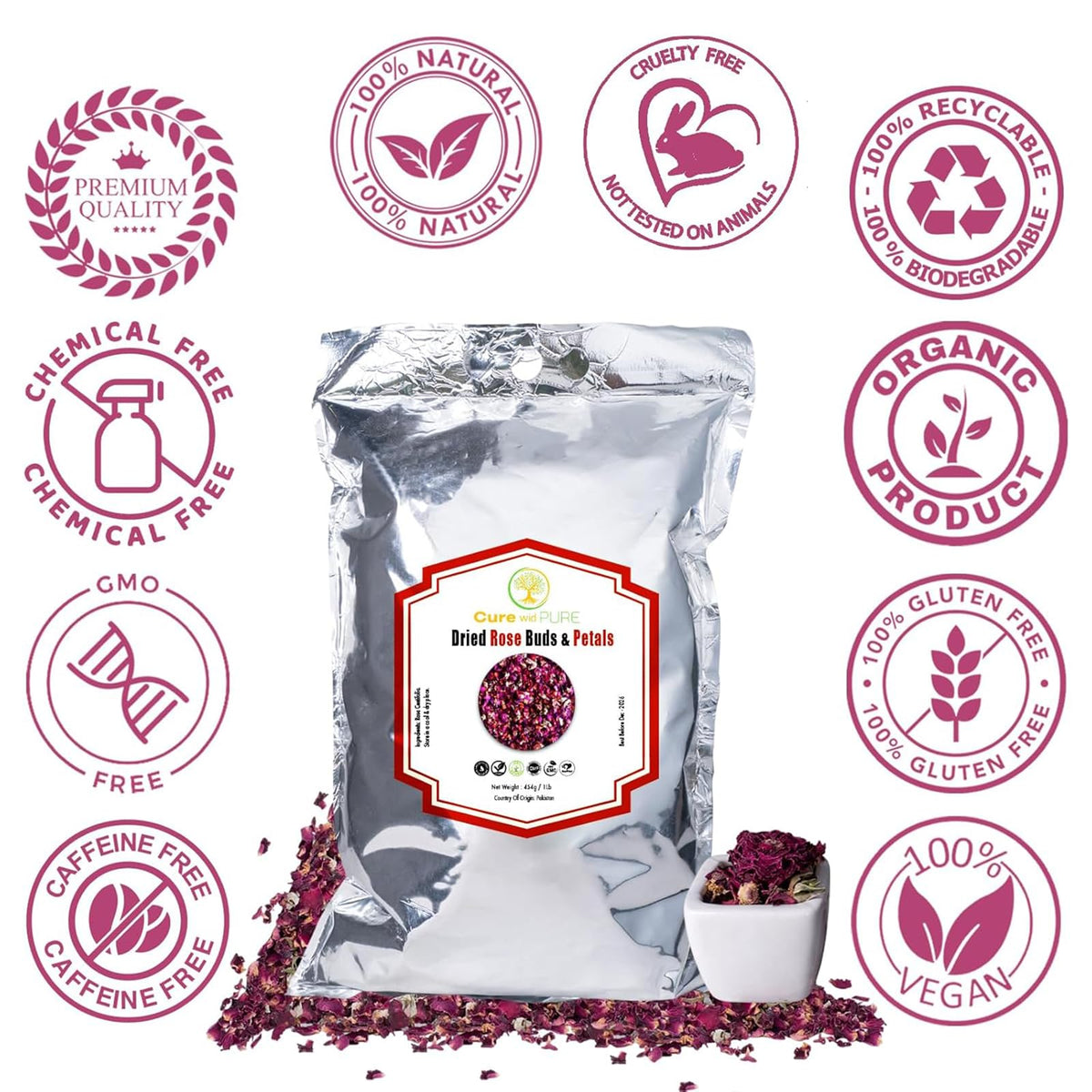 Cure wid Pure Dried Rose Buds & Petals – Edible 1LB, Preservative-Free