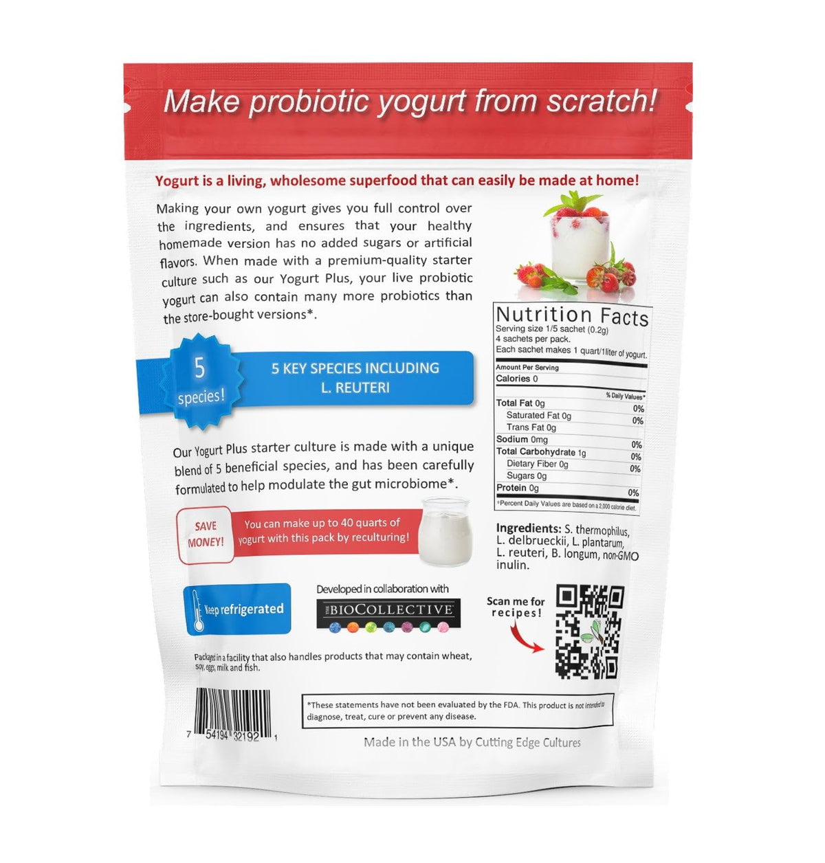 Cutting Edge Cultures Yogurt Plus Probiotic Starter Culture – L. Reuteri, B. Longum, L. Plantarum | 4 Packets, 4 g Total