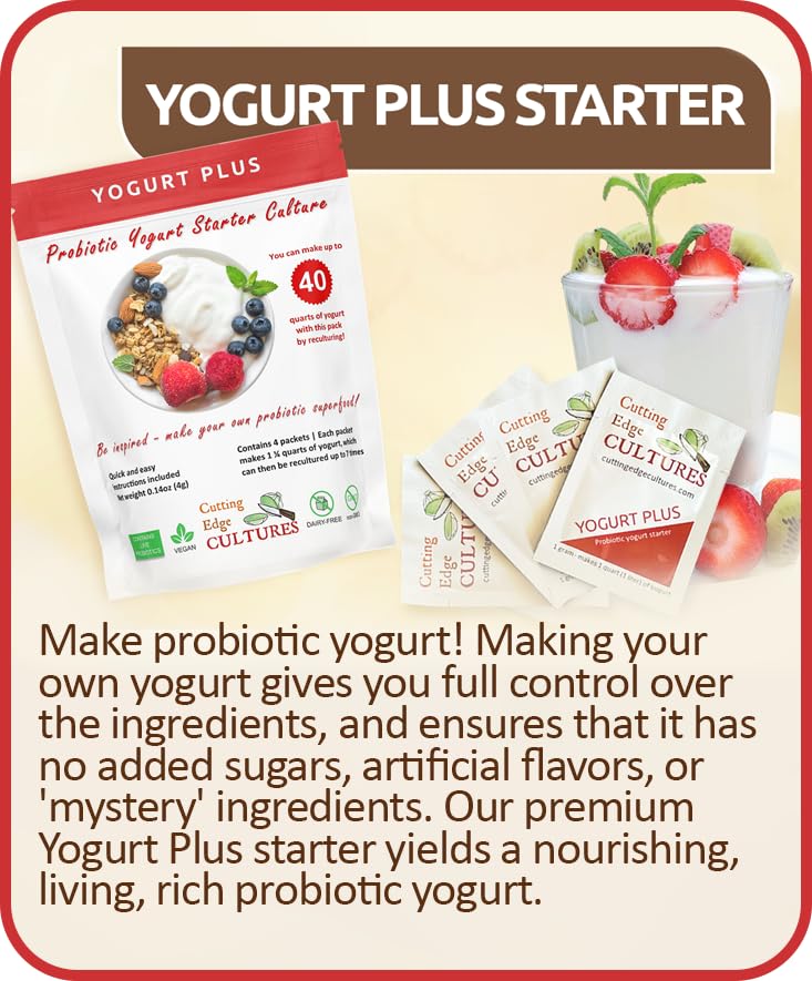 Cutting Edge Cultures Yogurt Plus Probiotic Starter Culture – L. Reuteri, B. Longum, L. Plantarum | 4 Packets, 4 g Total