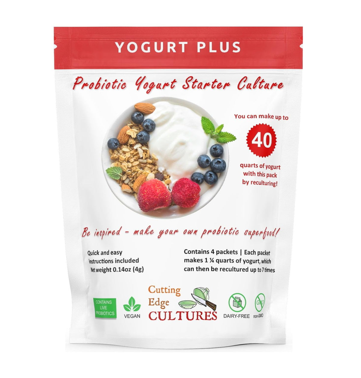 Cutting Edge Cultures Yogurt Plus Probiotic Starter Culture – L. Reuteri, B. Longum, L. Plantarum | 4 Packets, 4 g Total