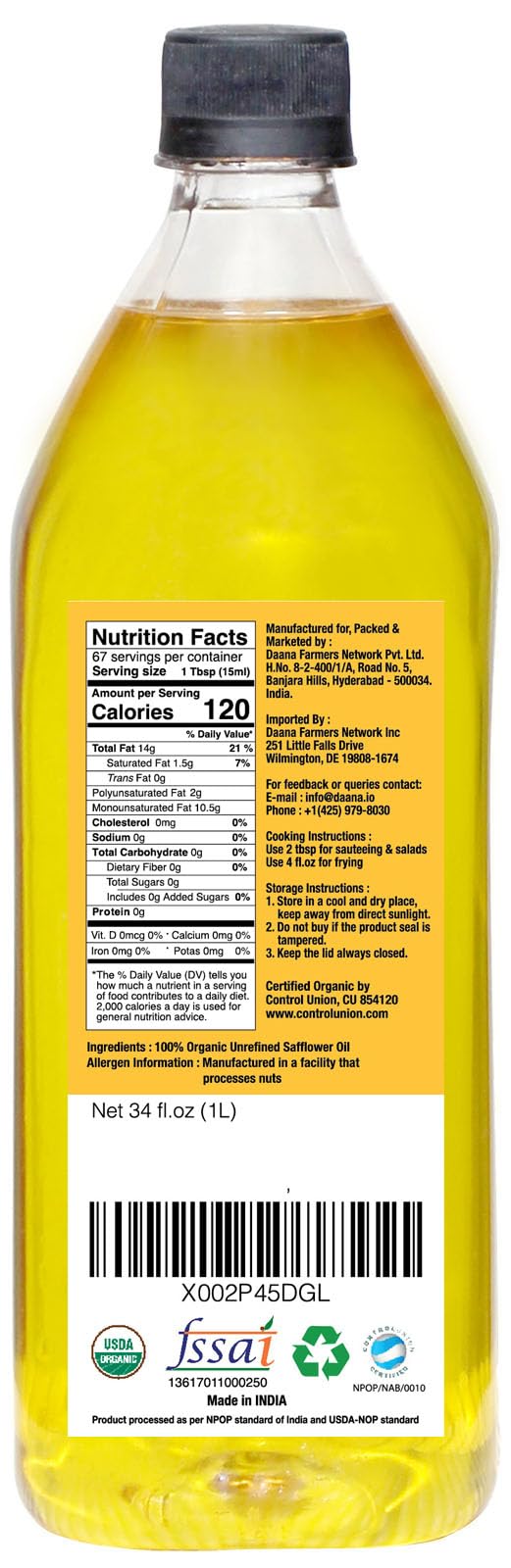 Daana Safflower Oil — USDA Organic, Extra Virgin, Cold Pressed, High Oleic (34 oz)