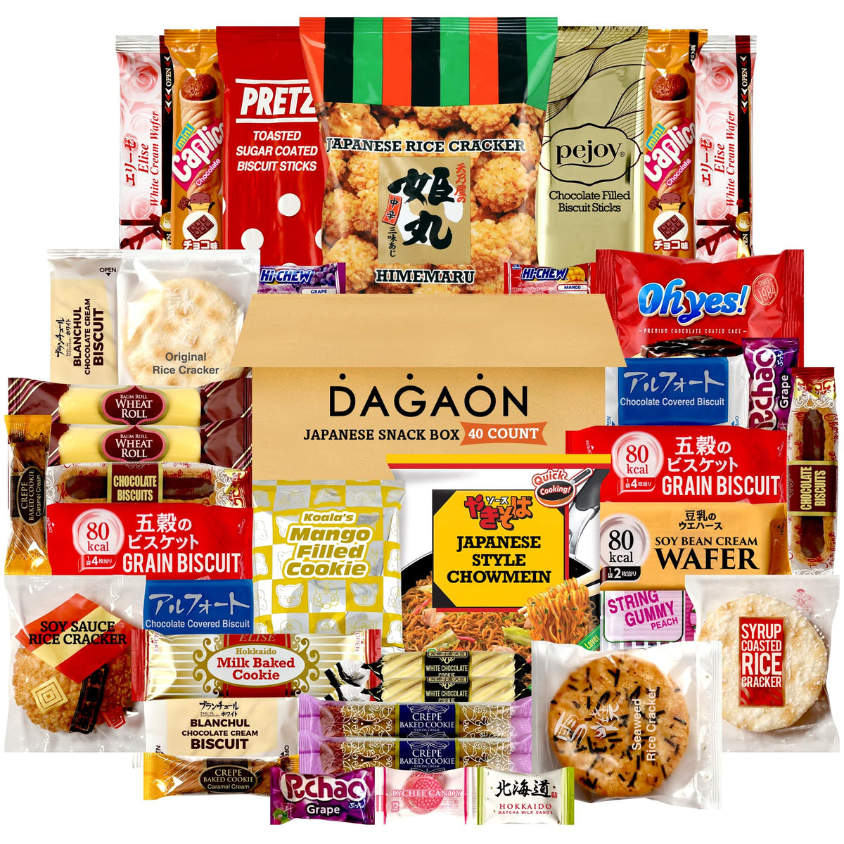 Dagaon 40-Count Japanese Snack Box | Dagashi Variety Pack of Cookies, Chips, Pies, Ramen & Candies