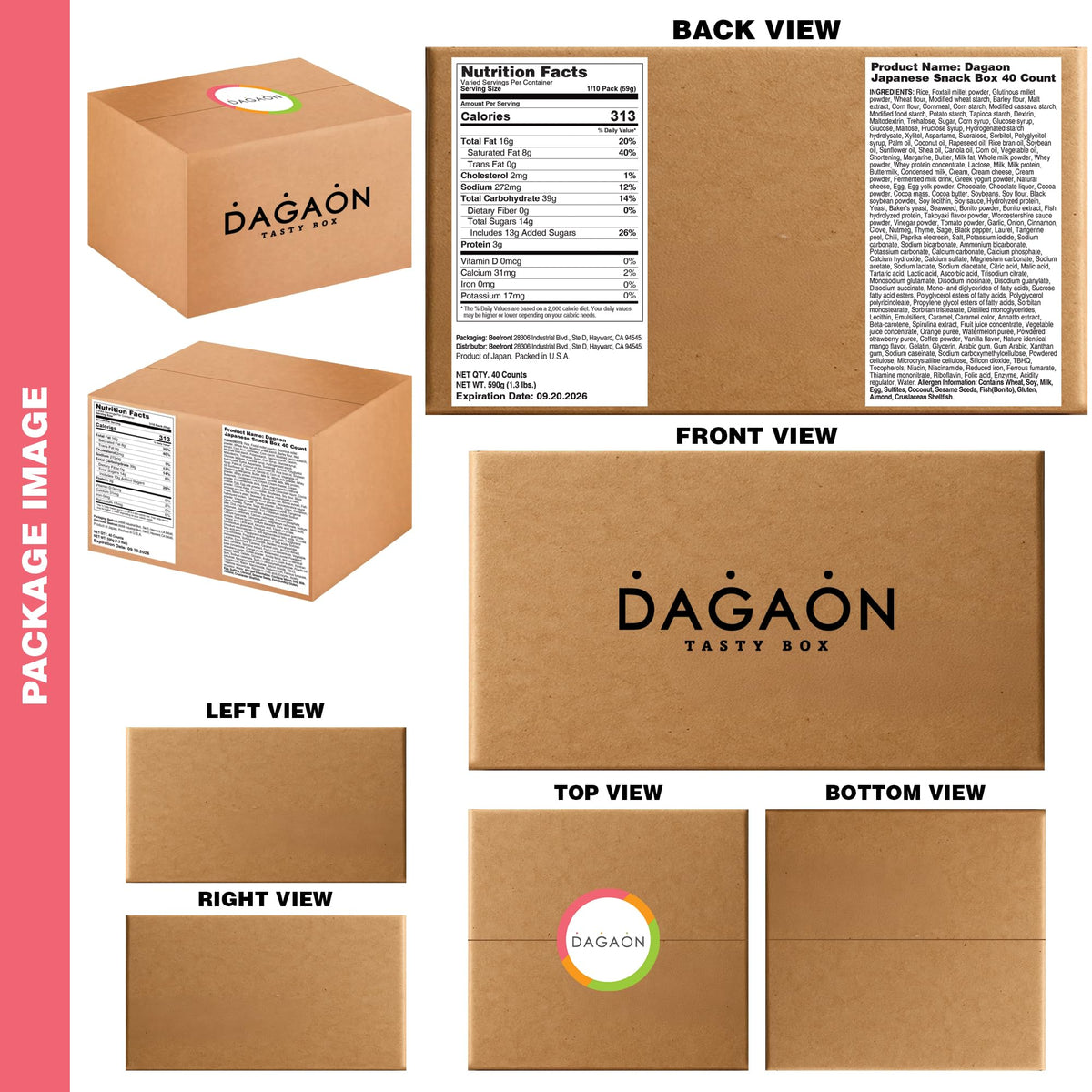 Dagaon 40-Count Japanese Snack Box | Dagashi Variety Pack of Cookies, Chips, Pies, Ramen & Candies