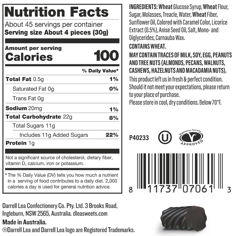Darrell Lea Bulk Australian Licorice – Original Black, Soft & Chewy, Non-GMO, Palm Oil Free (3 lb Tub)