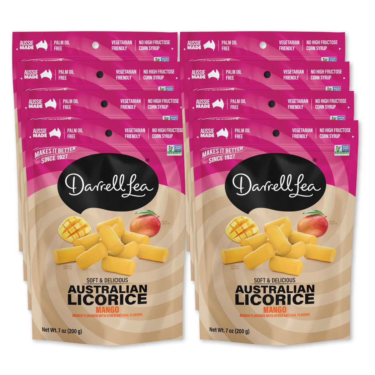 Darrell Lea Soft Mango Licorice – Non-GMO, Palm Oil Free, Plant Based, Made in Australia (7 oz Pack of 8)