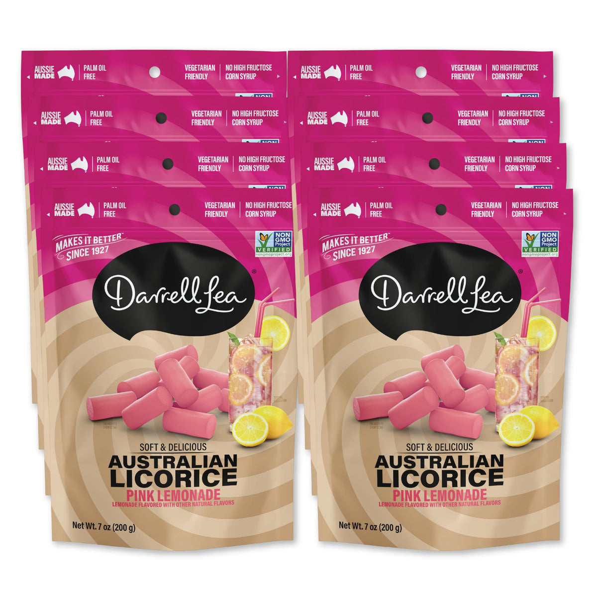 Darrell Lea Pink Lemonade Licorice – Soft Australian Licorice, Plant-Based, Non-GMO, Palm Oil Free (Pack of 8, 7 oz each)