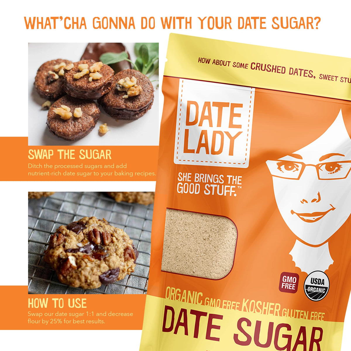 Date Lady Date Sugar - Organic, Vegan, Paleo, Kosher, 2x12oz Bags