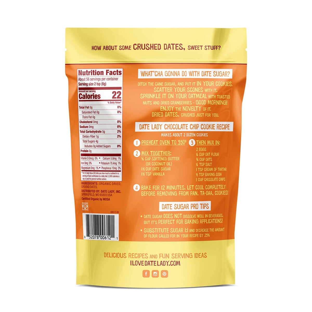 Date Lady Date Sugar - Organic, Vegan, Paleo, Kosher, 2x12oz Bags