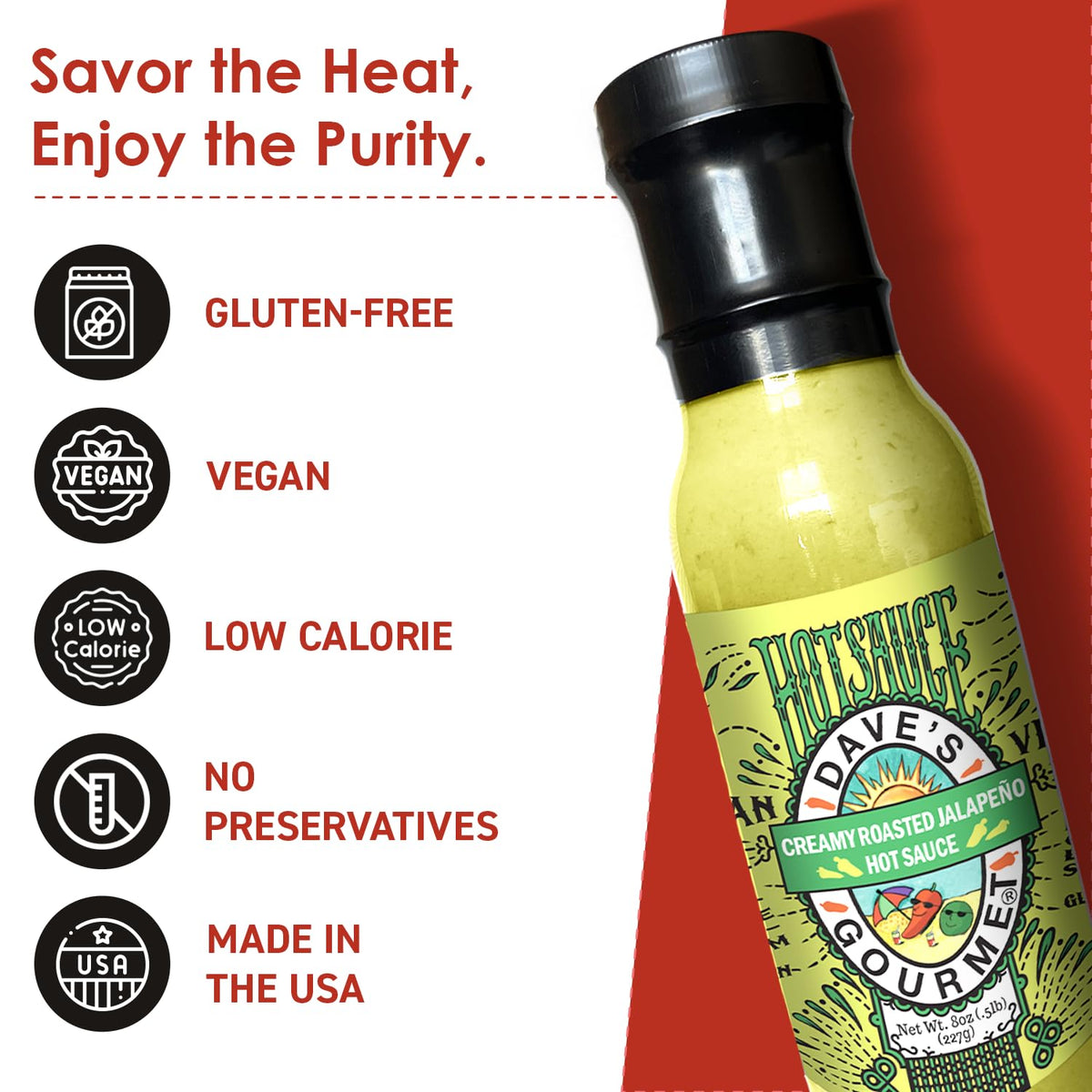 Dave's Gourmet Creamy Roasted Jalapeño Hot Sauce – Moderately Spicy Green Sauce (3x8oz, Vegan, Gluten-Free)