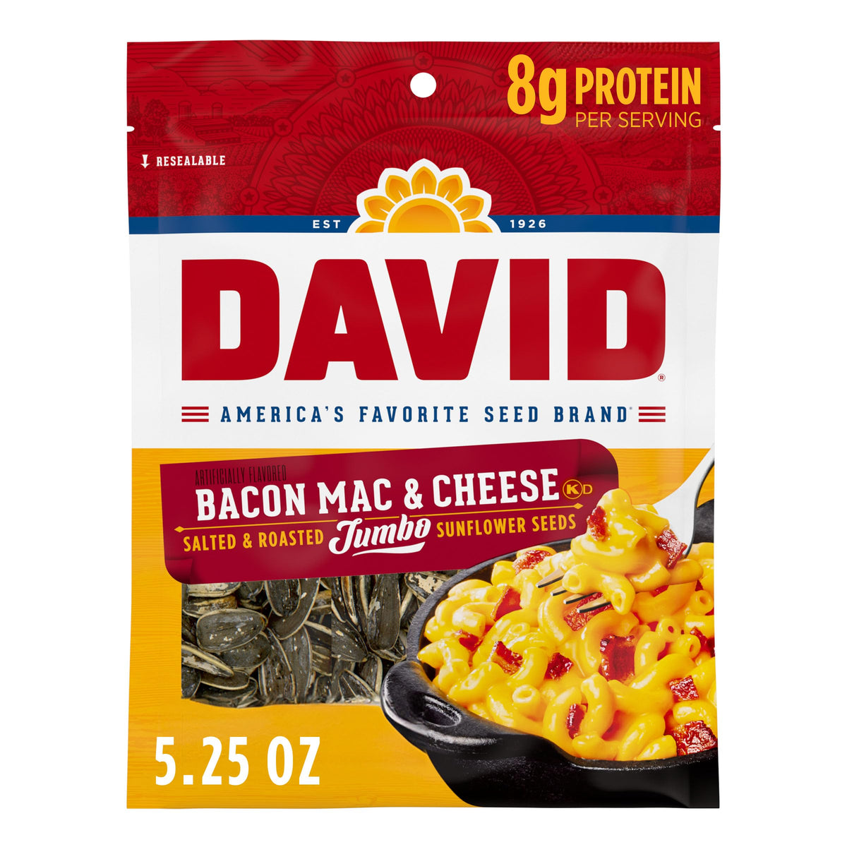 DAVID Jumbo Sunflower Seeds – Bacon Mac and Cheese Flavor, 5.25 oz (Pack of 12)