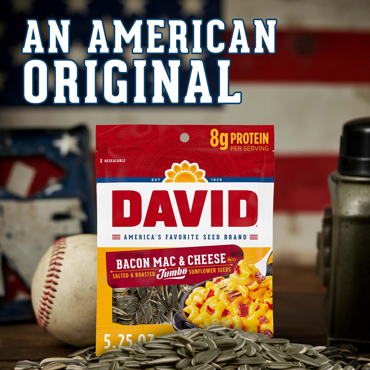 DAVID Jumbo Sunflower Seeds – Bacon Mac and Cheese Flavor, 5.25 oz (Pack of 12)