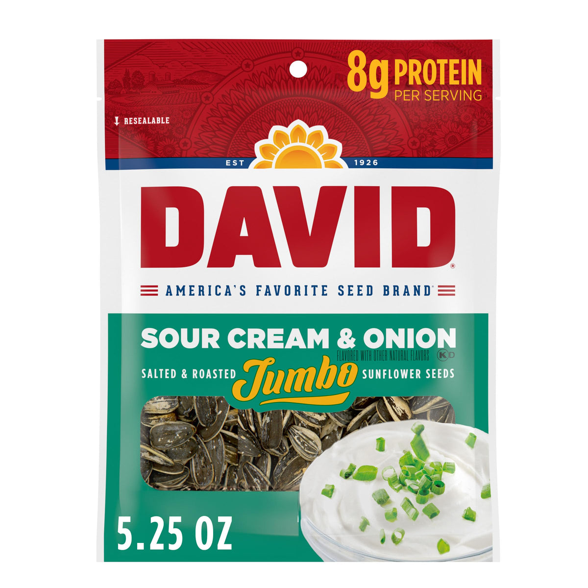 DAVID Seeds Sour Cream and Onion Jumbo Sunflower Seeds – Keto Friendly, 5.25 oz Resealable Pack (Pack of 12)