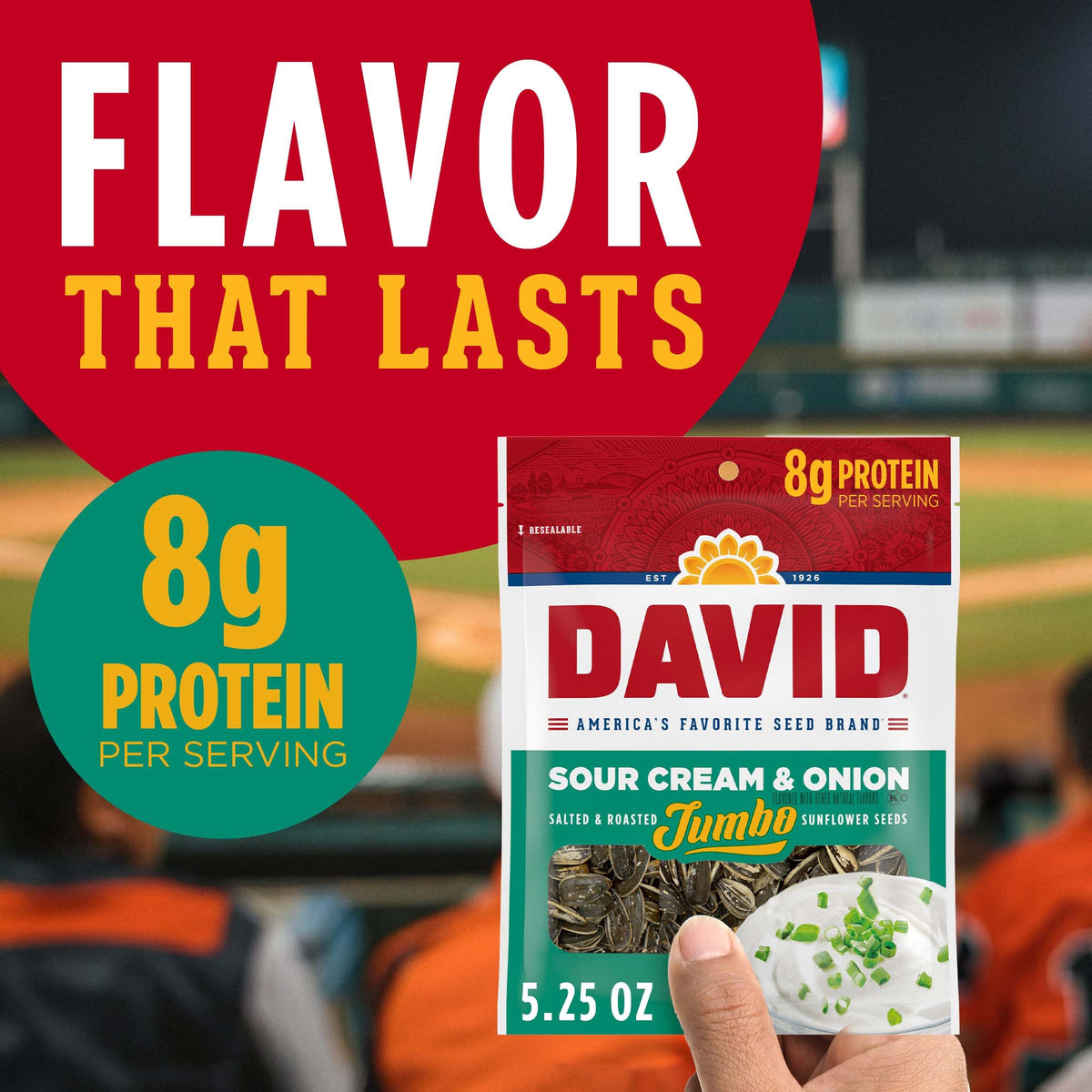 DAVID Seeds Sour Cream and Onion Jumbo Sunflower Seeds – Keto Friendly, 5.25 oz Resealable Pack (Pack of 12)