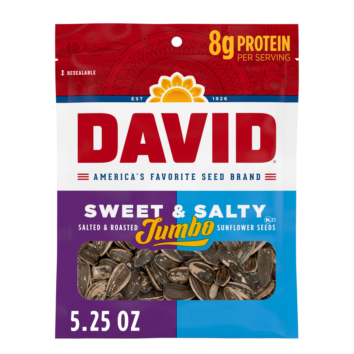 DAVID Sweet & Salty Jumbo Sunflower Seeds – 12-Pack, 5.25 oz Each | Keto Friendly