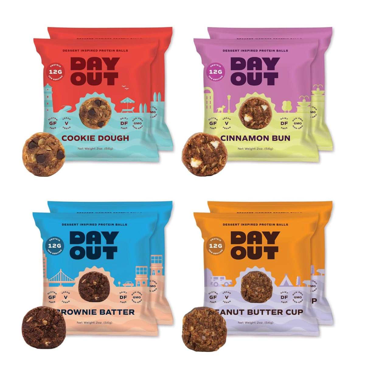 Day Out Protein Snack Balls – Variety Pack 8x2oz | Gluten‑Free, Vegan, 12g Protein