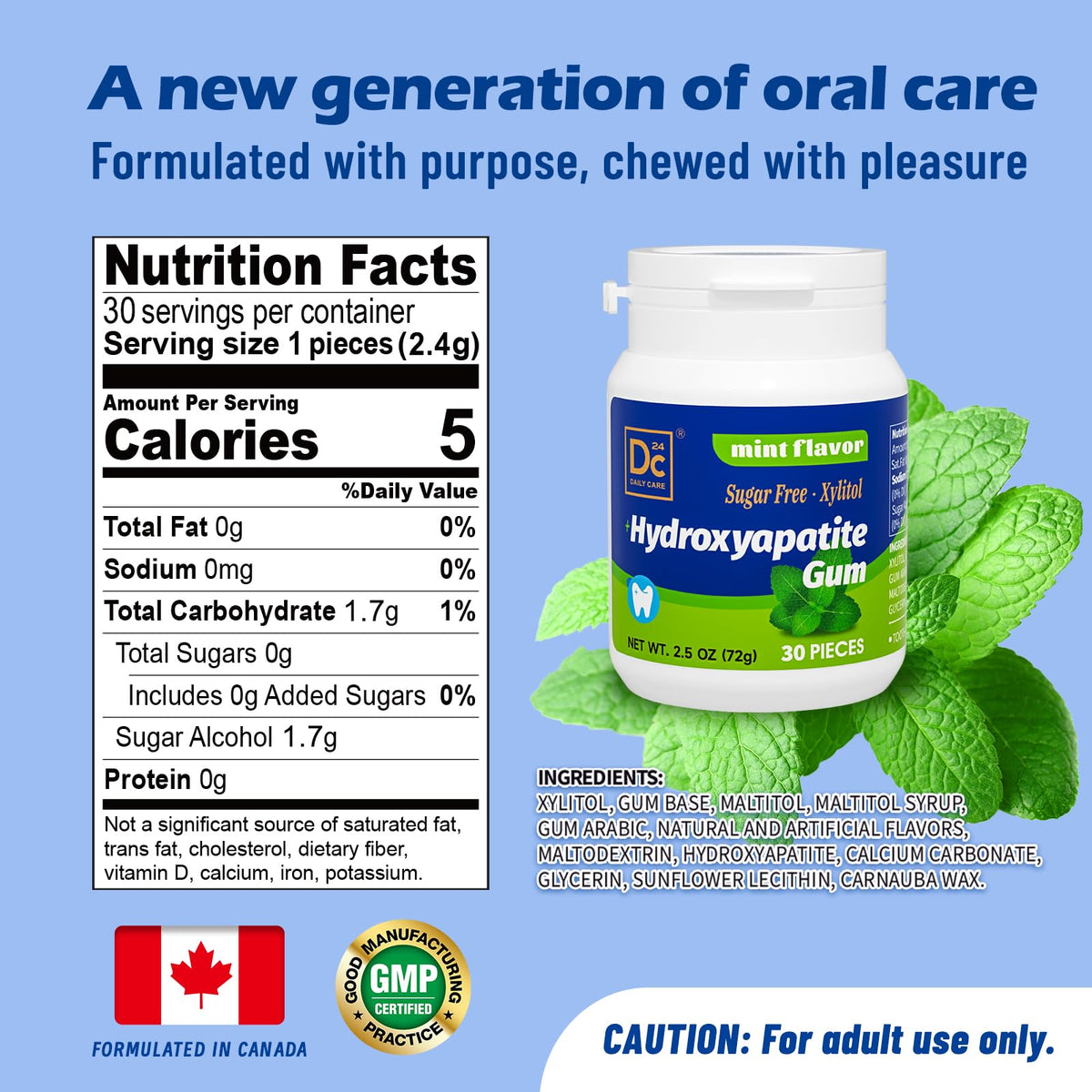 DC24 DAILY CARE Remineralizing Gum with Hydroxyapatite & Xylitol – Sugar Free, No Aspartame/Sucralose, Peppermint