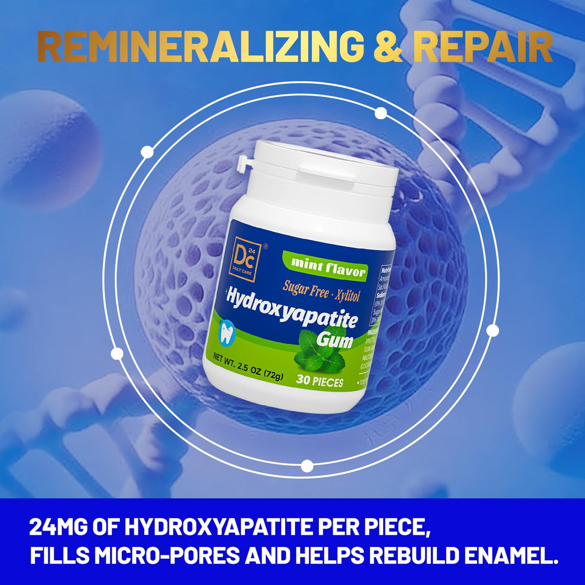 DC24 DAILY CARE Remineralizing Gum with Hydroxyapatite & Xylitol – Sugar Free, No Aspartame/Sucralose, Peppermint