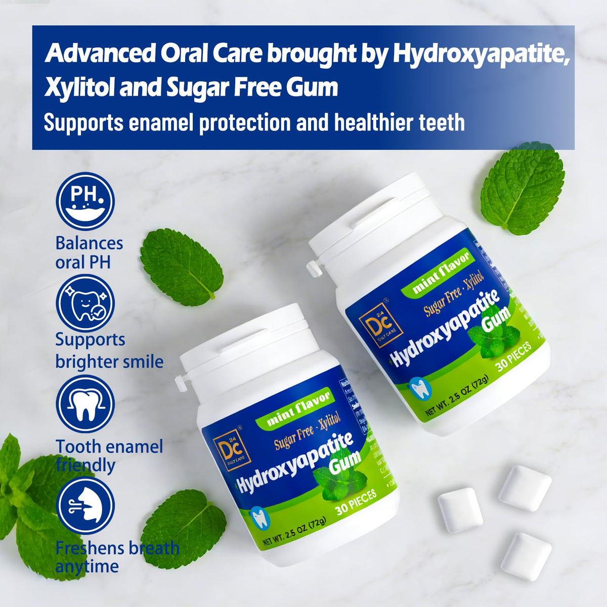 DC24 DAILY CARE Remineralizing Gum with Hydroxyapatite & Xylitol – Sugar Free, No Aspartame/Sucralose, Peppermint