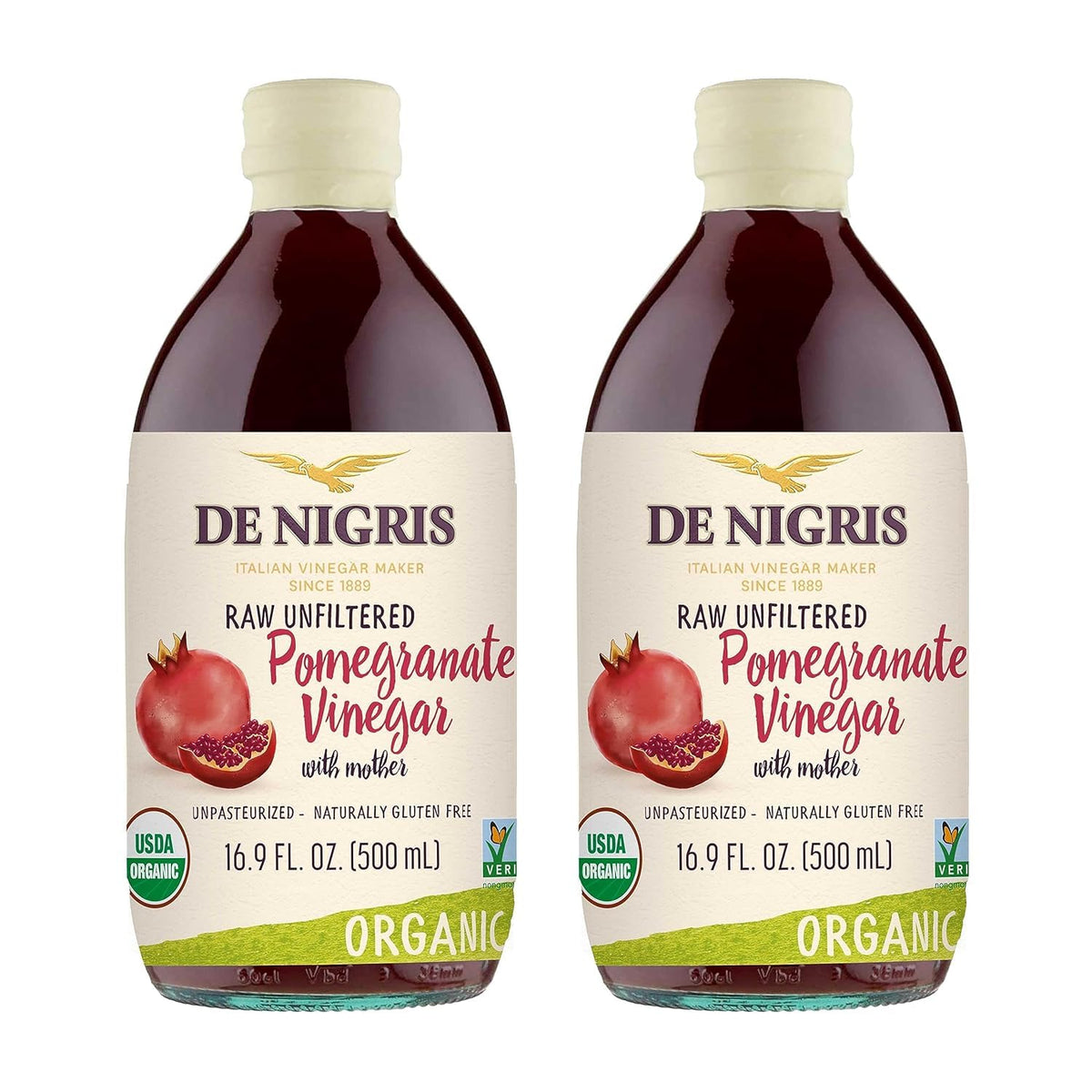 De Nigris Organic Pomegranate Vinegar – Raw & Unfiltered, 16.9 oz Pack of 2 | Pomegranate Vinegar with Mother