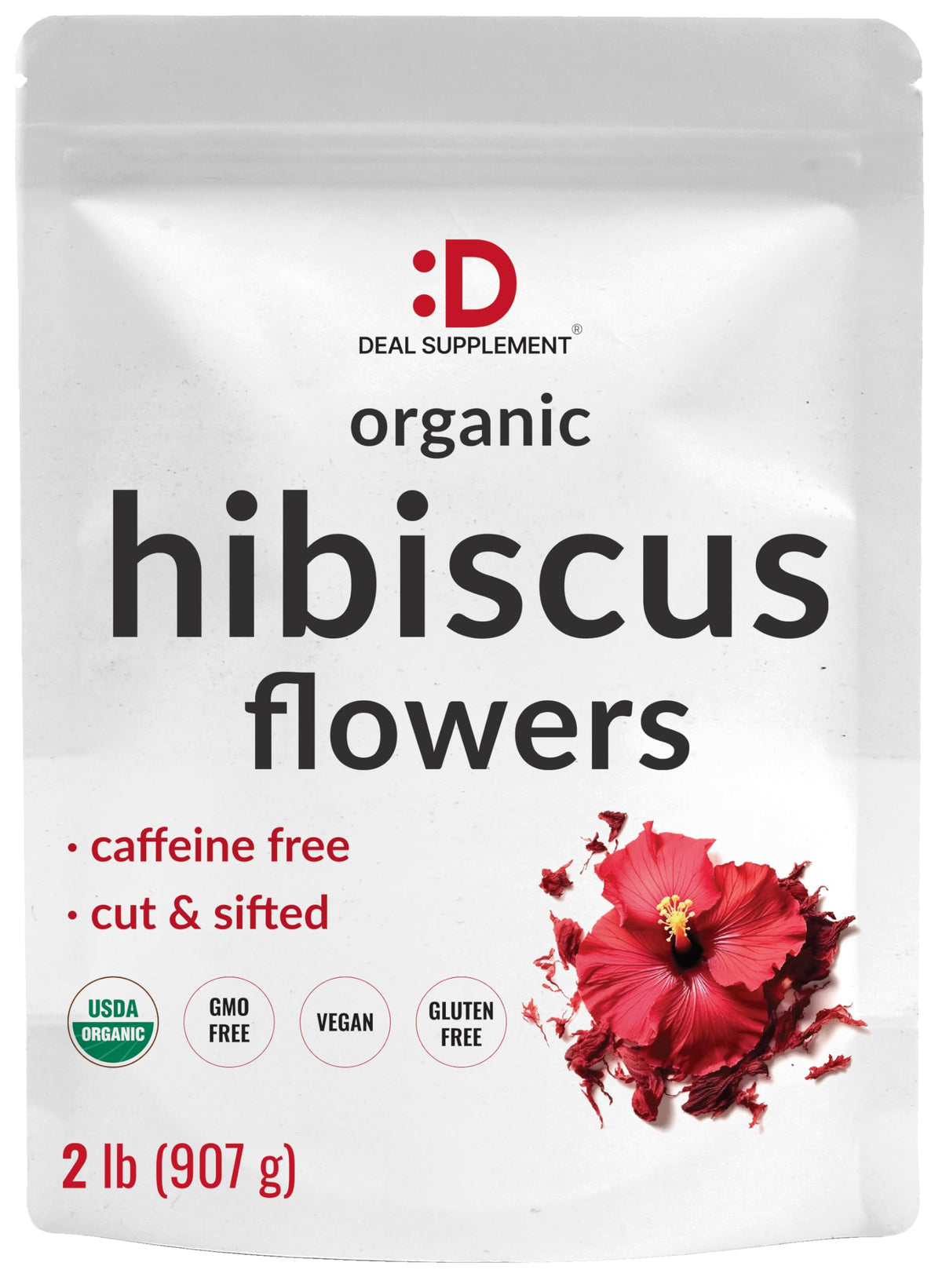 DEAL SUPPLEMENT Dried Organic Hibiscus Flowers – 2 lb, Cut & Sifted, Caffeine Free, Non-GMO