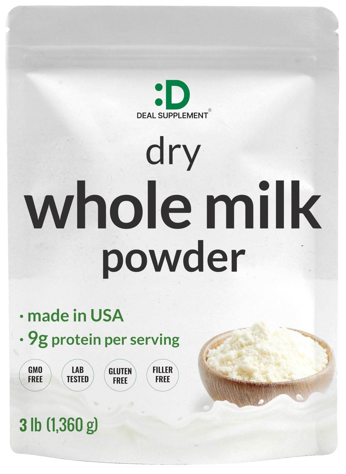Deal Supplement Dry Whole Milk Powder, 3 lb – USA-Made Pasture-Raised, 9g Protein