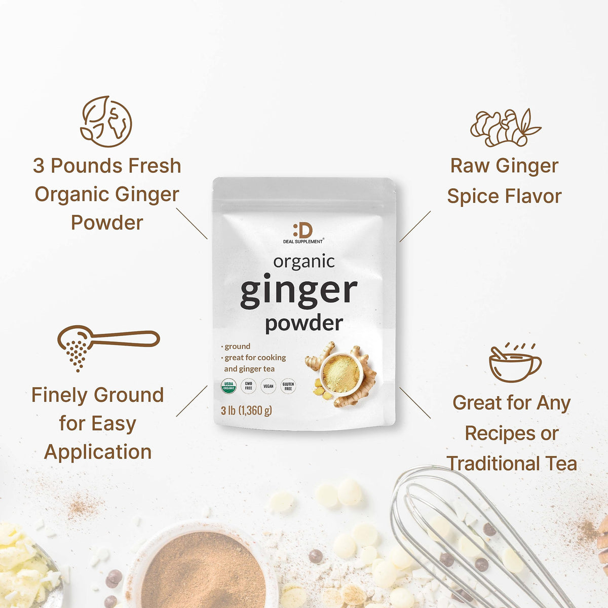 DEAL SUPPLEMENT Organic Fresh Ginger Powder, 3lbs – Finely Ground, Non-GMO, Indian Origin