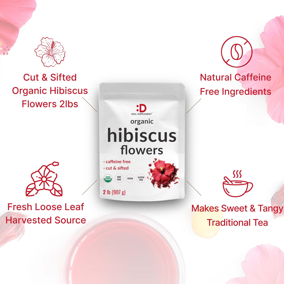 DEAL SUPPLEMENT Dried Organic Hibiscus Flowers – 2 lb, Cut & Sifted, Caffeine Free, Non-GMO