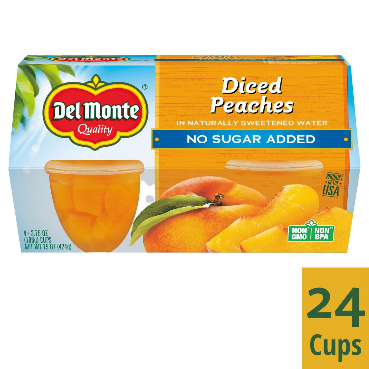 Del Monte No Sugar Added Diced Peaches Fruit Cup Snacks – 24 Cups (3.75 oz Each)