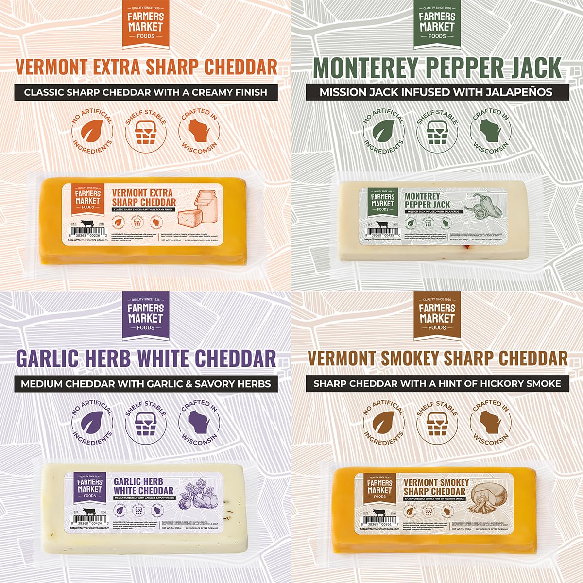 Deli Direct Wisconsin Cheese Gift Sets – Four 7oz Blocks, Gluten Free, Keto, Paleo, Low Sodium, Zero Sugar