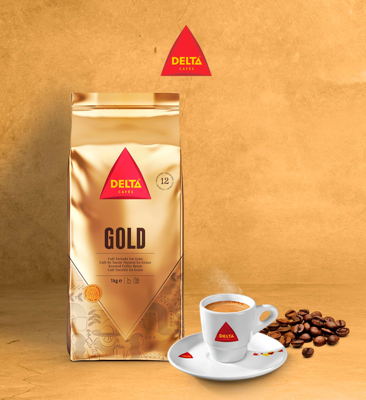 Delta Cafés Gold Whole Bean Coffee 1kg – Arabica-Robusta Blend, Cereal & Popcorn Notes, Intensity 12