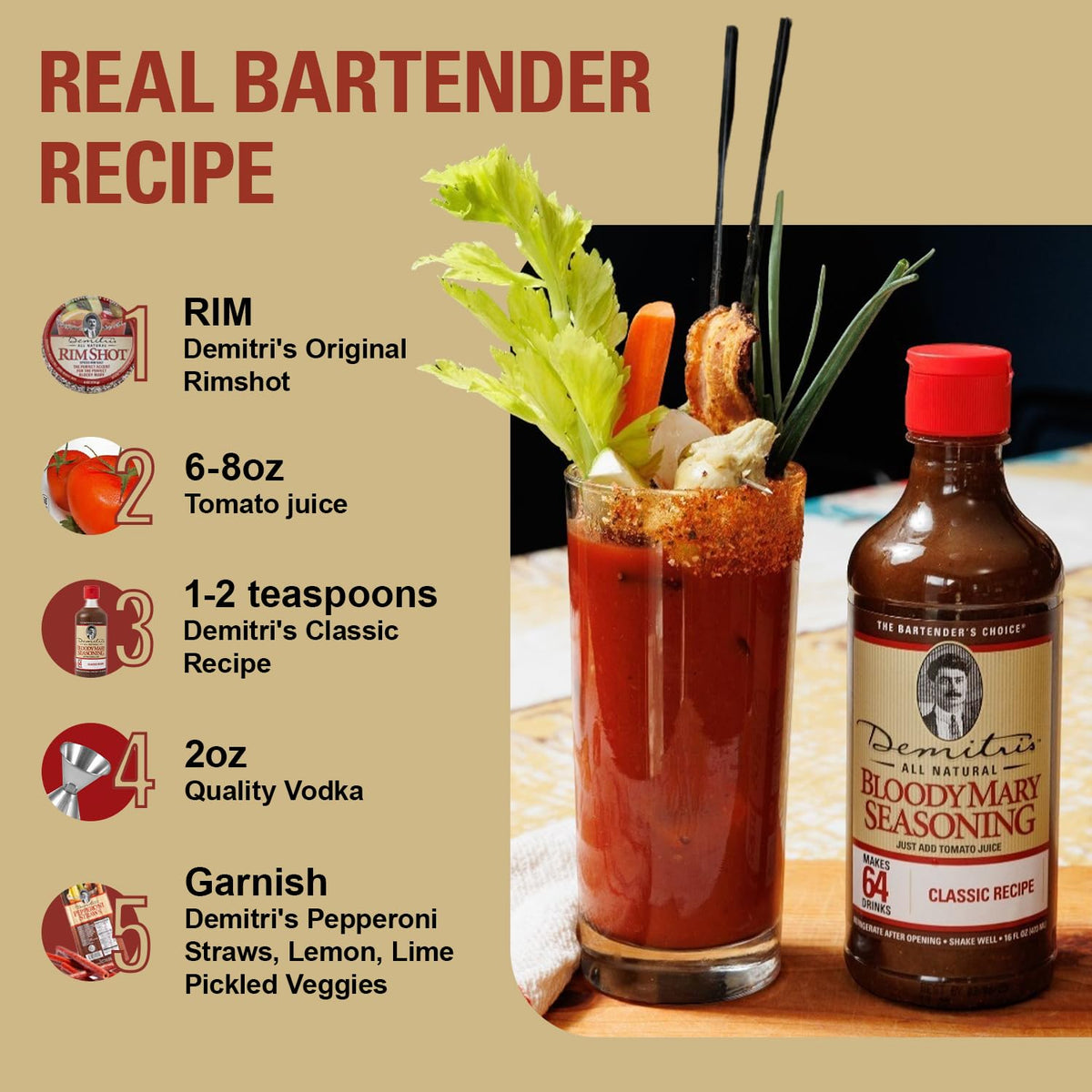 Demitri's Bloody Mary Seasoning Classic Recipe - 16oz Bottle (Pack of 2) | Bold Cocktail Flavor