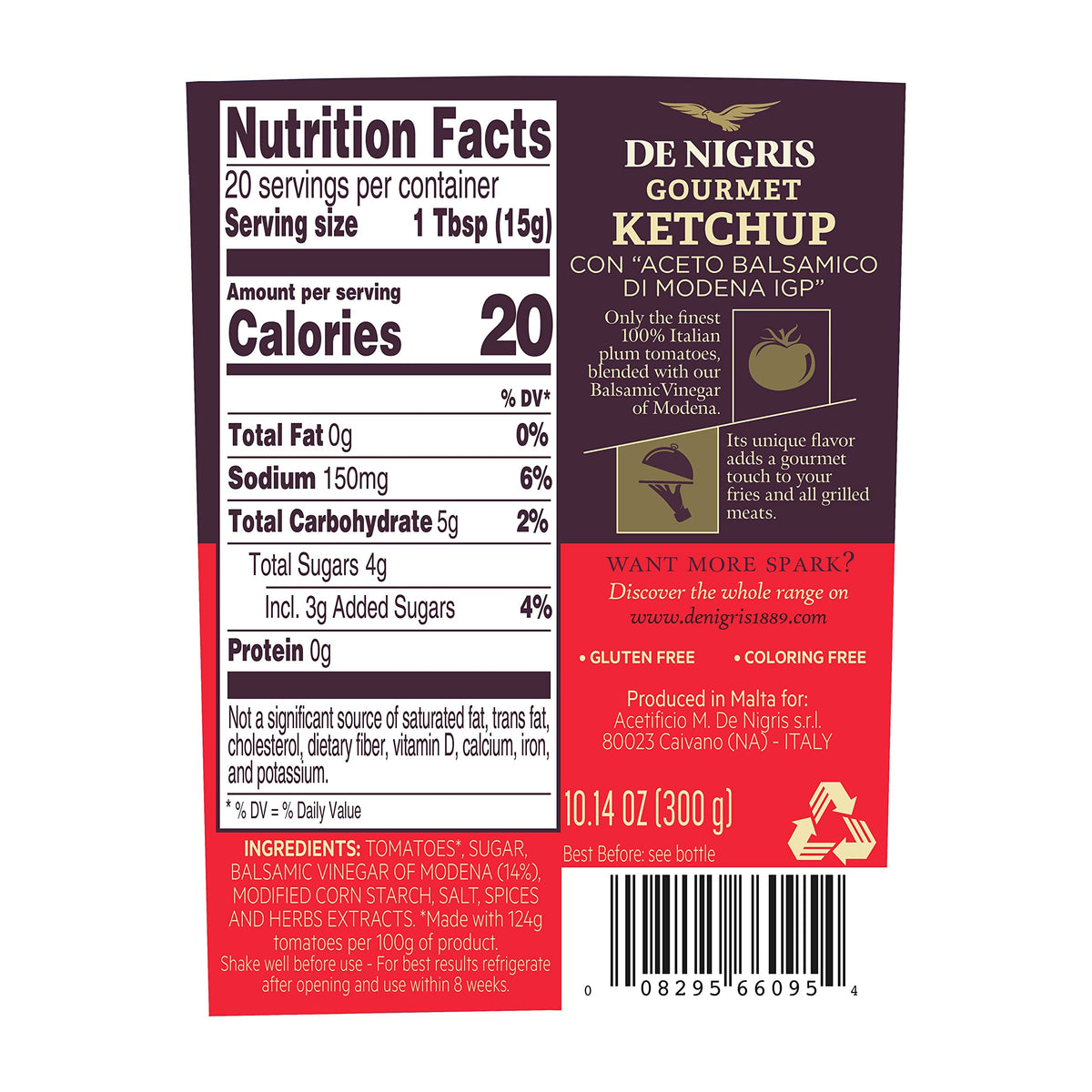De Nigris Excellence Line - Gourmet Italian Ketchup with Balsamic Vinegar of Modena, 10.14 oz (Pack of 2)