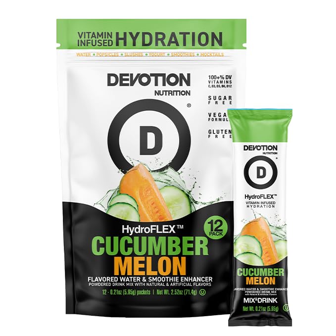 Devotion HydroFLEX Water Flavoring Packets – Cucumber Melon, Sugar-Free with Vitamins – 12-Pack