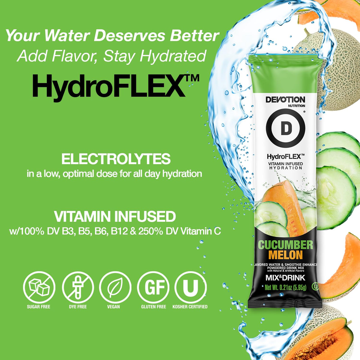 Devotion HydroFLEX Water Flavoring Packets – Cucumber Melon, Sugar-Free with Vitamins – 12-Pack