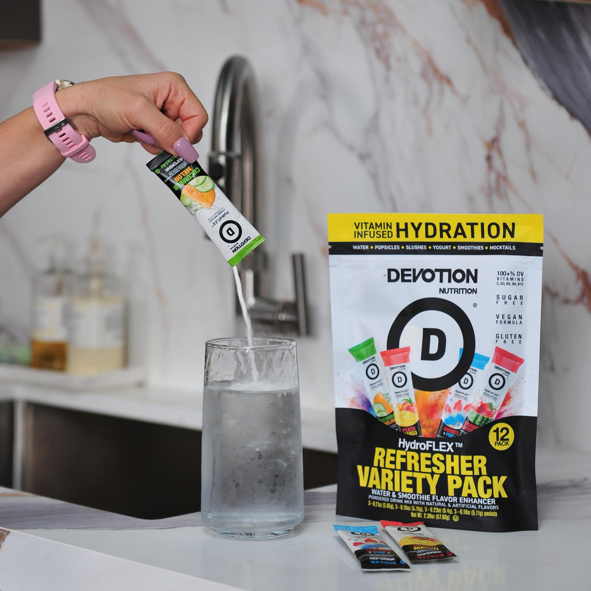 Devotion Nutrition HydroFLEX Water Flavoring Packets – Sugar-Free Hydration with Vitamins & Electrolytes (12-Pack, 4-Flavor Variety)
