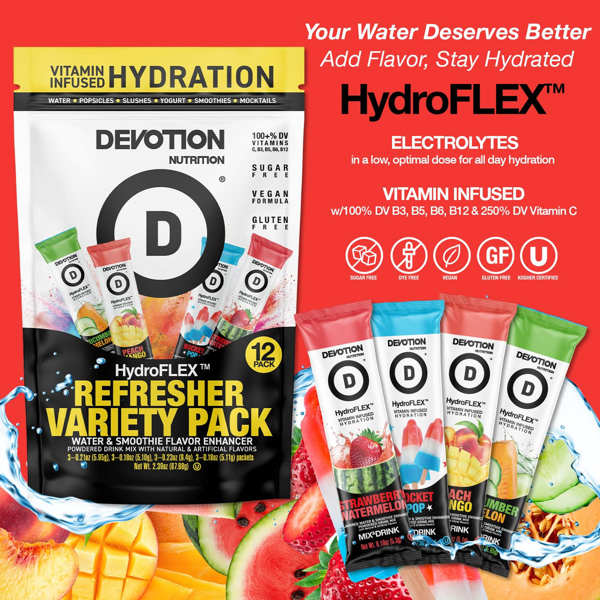 Devotion Nutrition HydroFLEX Water Flavoring Packets – Sugar-Free Hydration with Vitamins & Electrolytes (12-Pack, 4-Flavor Variety)