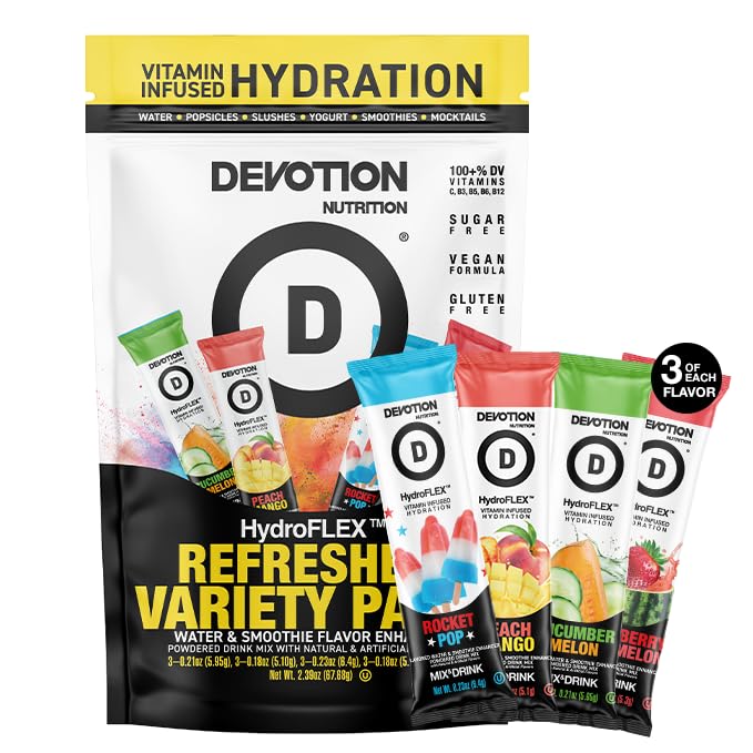 Devotion Nutrition HydroFLEX Water Flavoring Packets – Sugar-Free Hydration with Vitamins & Electrolytes (12-Pack, 4-Flavor Variety)