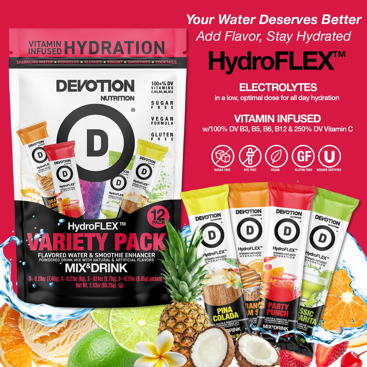 Devotion Nutrition HydroFLEX Packets – Vitamin-Infused Hydration Powder, 12-Pack (4 Flavor Variety)