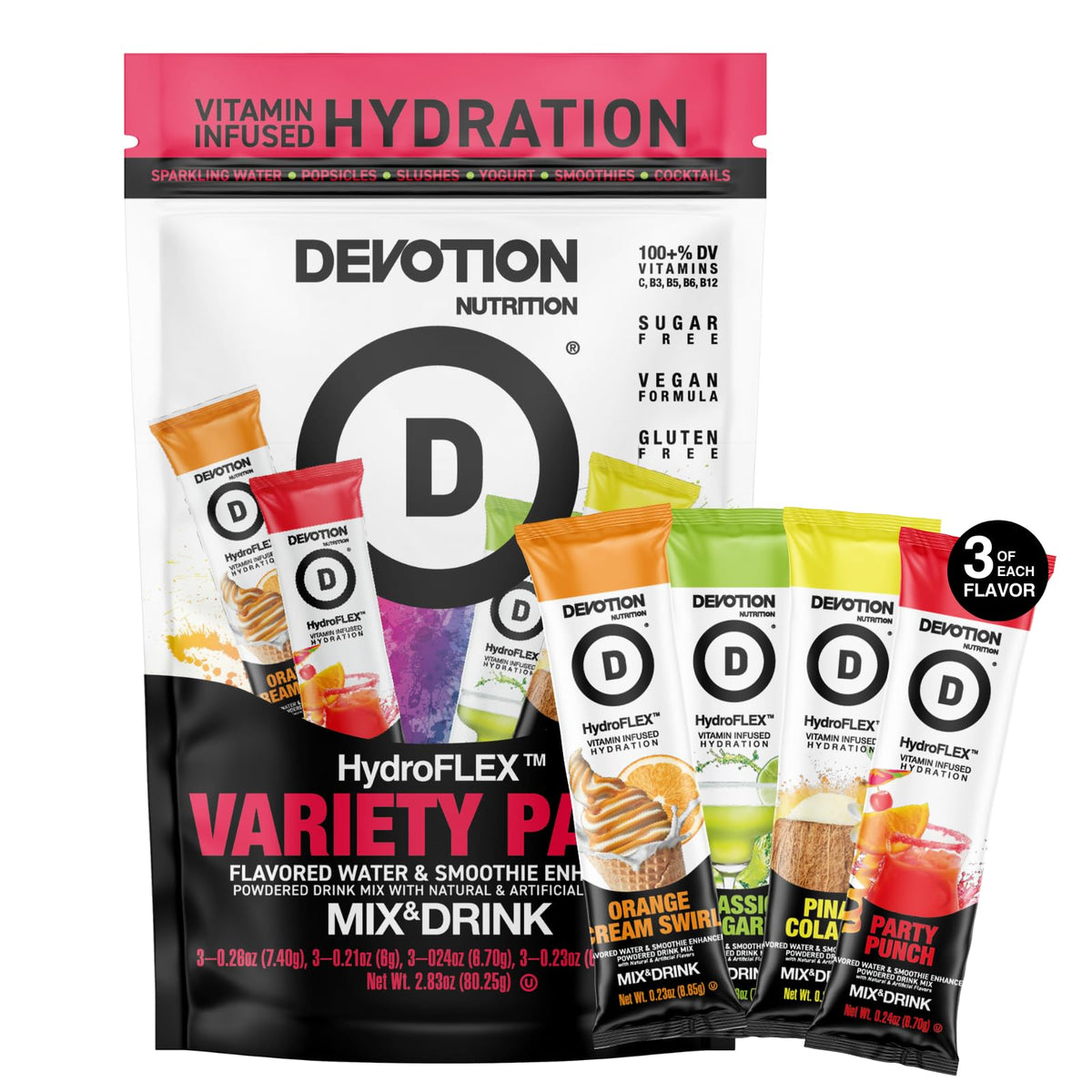 Devotion Nutrition HydroFLEX Packets – Vitamin-Infused Hydration Powder, 12-Pack (4 Flavor Variety)