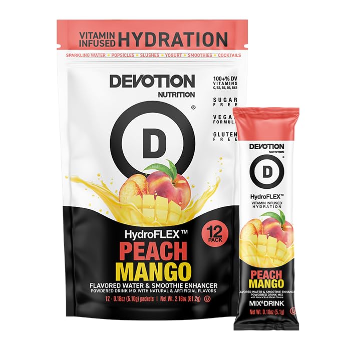 Devotion Nutrition HydroFLEX Peach Mango Water Flavoring Packets – Sugar-Free Vitamin Hydration (12-Pack)