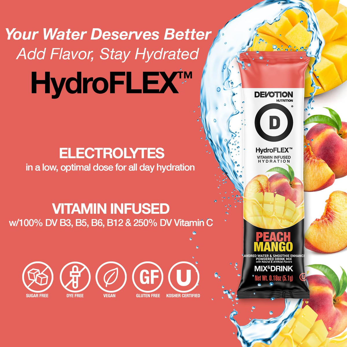 Devotion Nutrition HydroFLEX Peach Mango Water Flavoring Packets – Sugar-Free Vitamin Hydration (12-Pack)