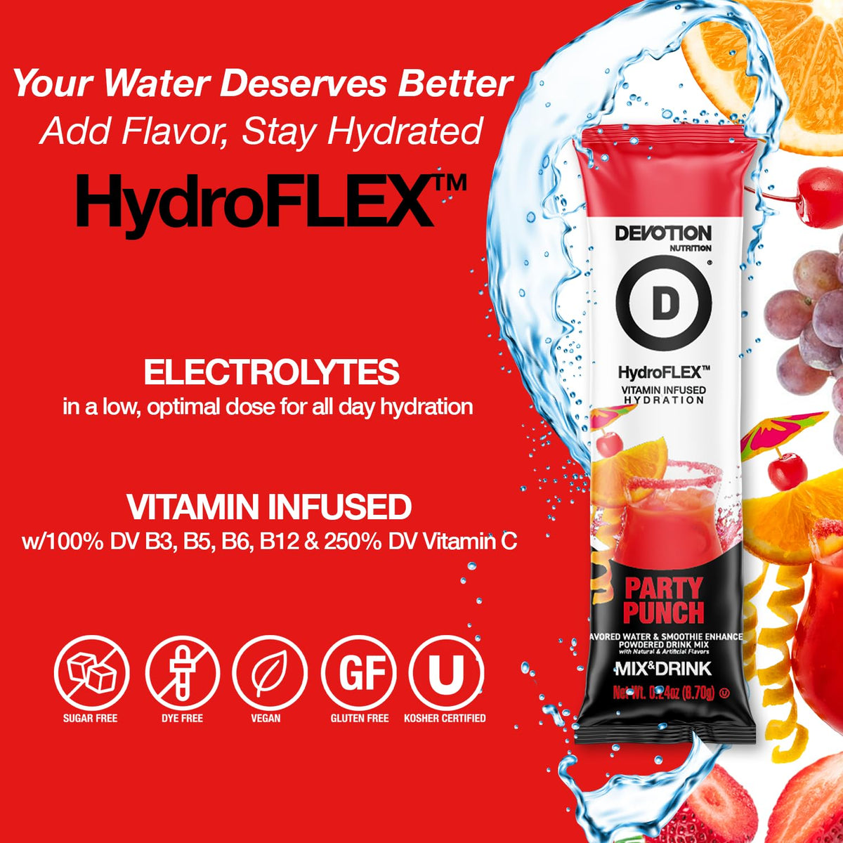 Devotion Nutrition HydroFLEX Water Flavoring Packets – Sugar-Free Hydration with Vitamins & Electrolytes (Party Punch) 12-Pack