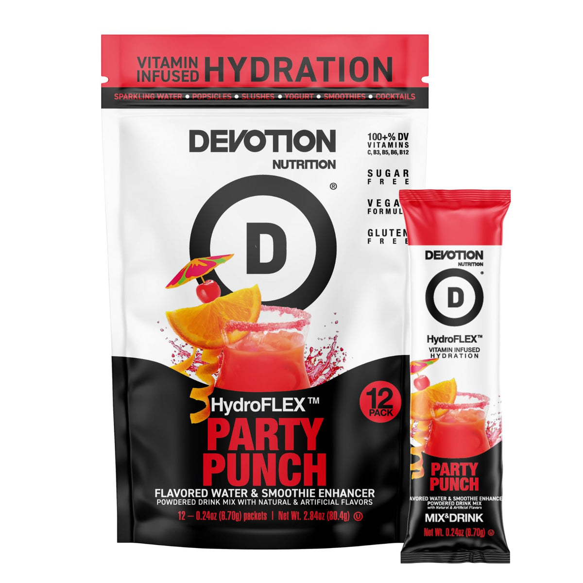 Devotion Nutrition HydroFLEX Water Flavoring Packets – Sugar-Free Hydration with Vitamins & Electrolytes (Party Punch) 12-Pack