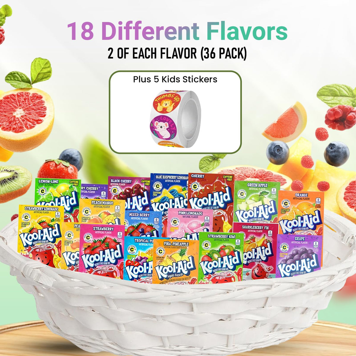 D.F. LUXURY Kool Aid Packets Ultimate Variety – 36 Pack, 18 Flavors + 5 Stickers