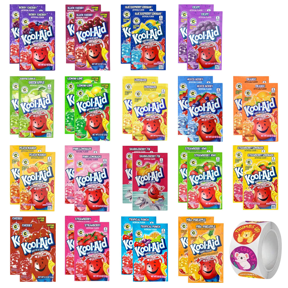 D.F. LUXURY Kool Aid Packets Ultimate Variety – 36 Pack, 18 Flavors + 5 Stickers