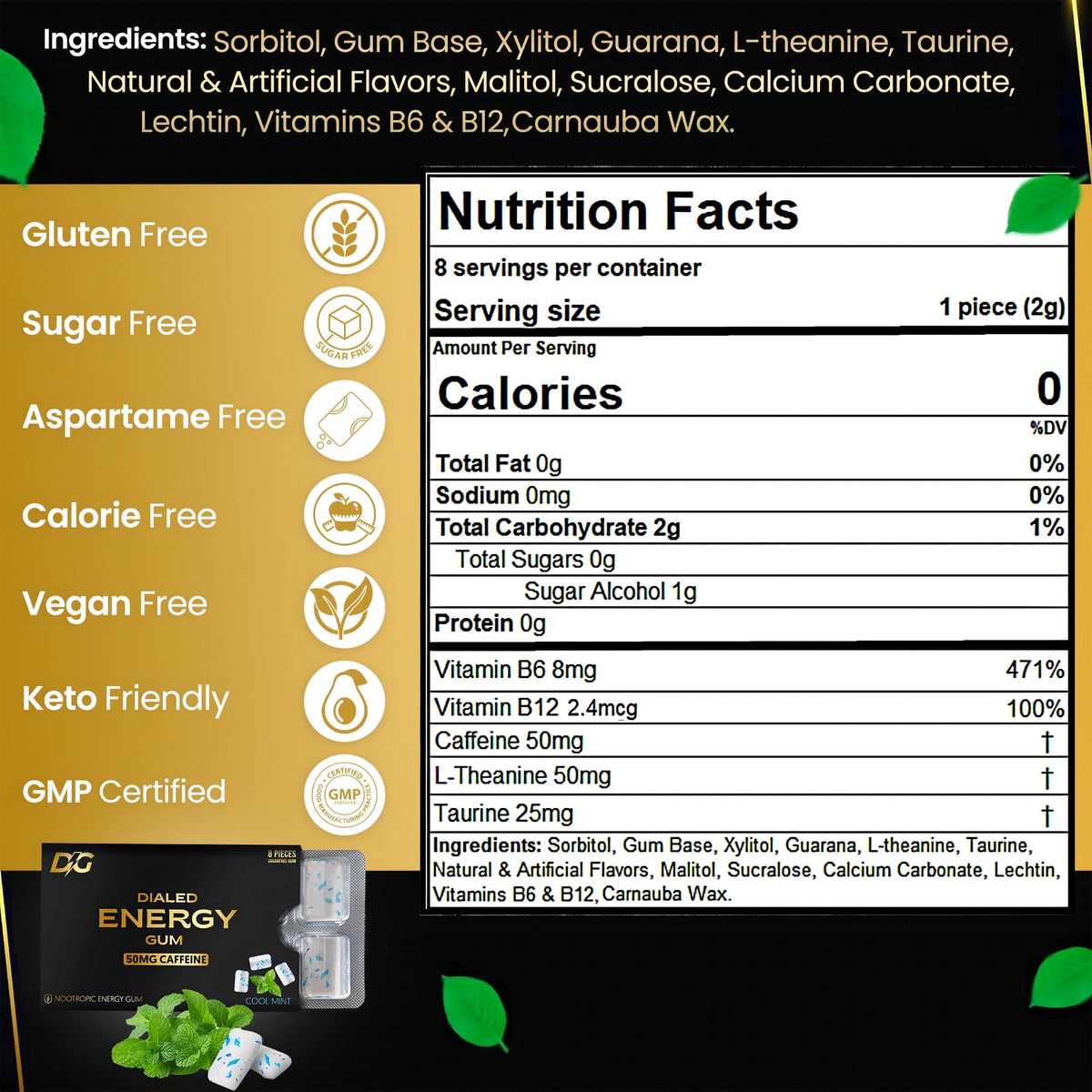 Dialed Energy Gum (112pc) — 50mg Natural Caffeine | L-Theanine + Taurine | Sugar Free, 0 Calories | Xylitol | Cool Mint
