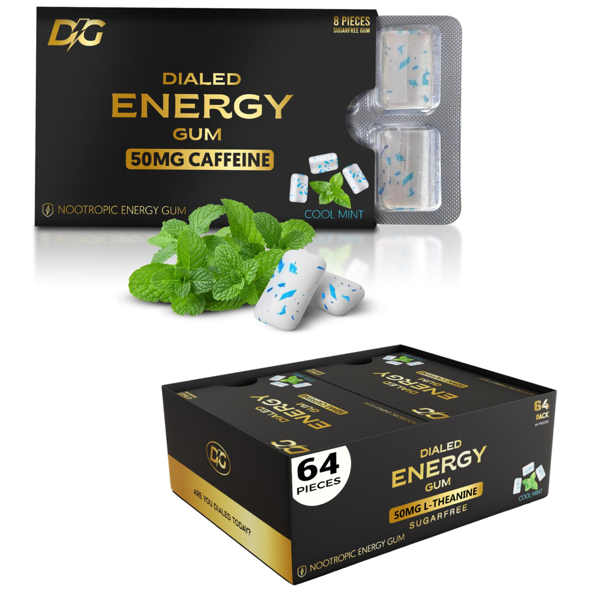 Dialed Energy Gum (64pc) – 50mg Natural Caffeine, Sugar Free with L-Theanine & Taurine | Cool Mint