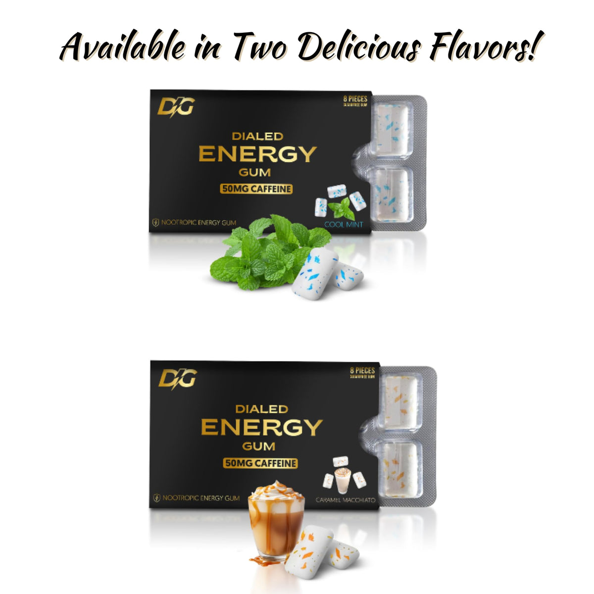 Dialed Energy Gum (64pc) – 50mg Natural Caffeine, Sugar Free with L-Theanine & Taurine | Cool Mint