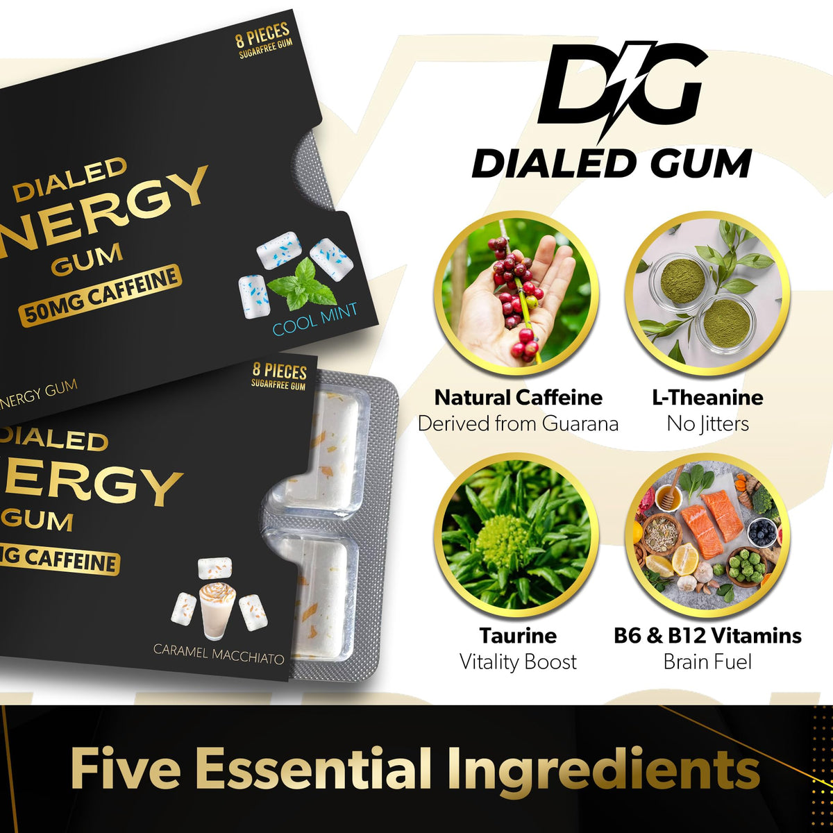 Dialed Energy Gum (64pc) – 50mg Natural Caffeine, Sugar Free with L-Theanine & Taurine | Cool Mint